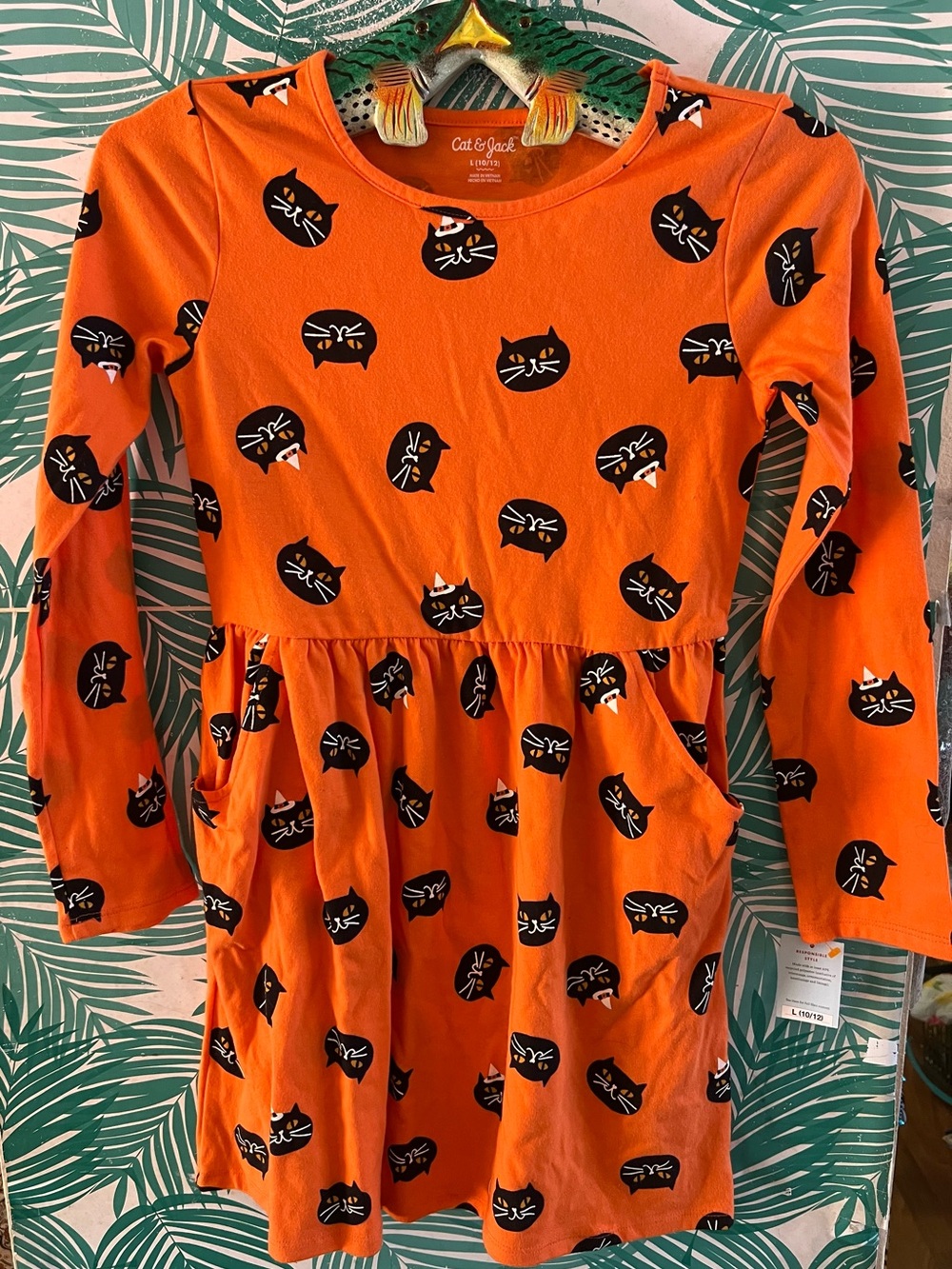 Cat & Jack Orange Long-Sleeve Black Cat Print Dress nwt 10/12 Halloween fall fav